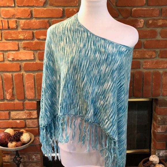 Southwestern Blue White Fringe PONCHO Cape Shawl - Picture 5 of 6